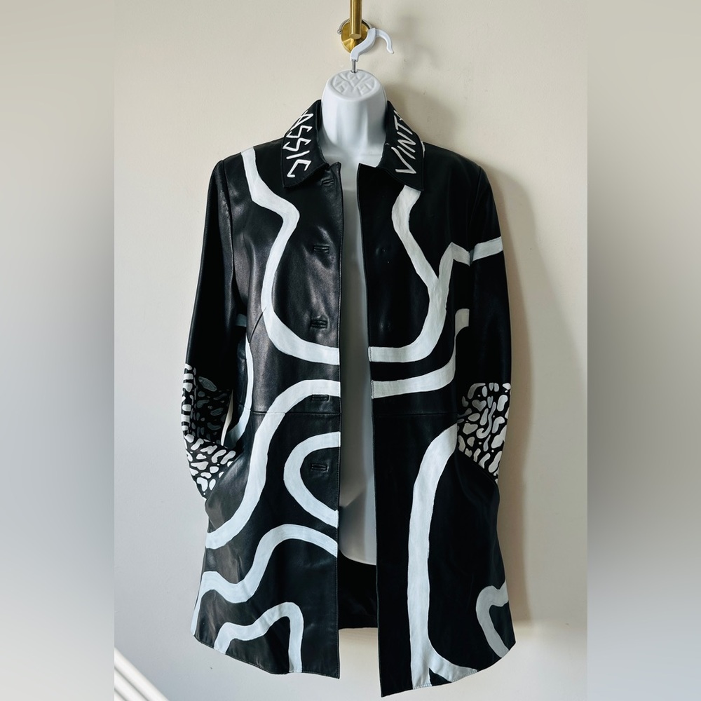 Vintage REWORK UPCYCLE Genuine Leather Abstract & Hand Painted Jacket Size S
